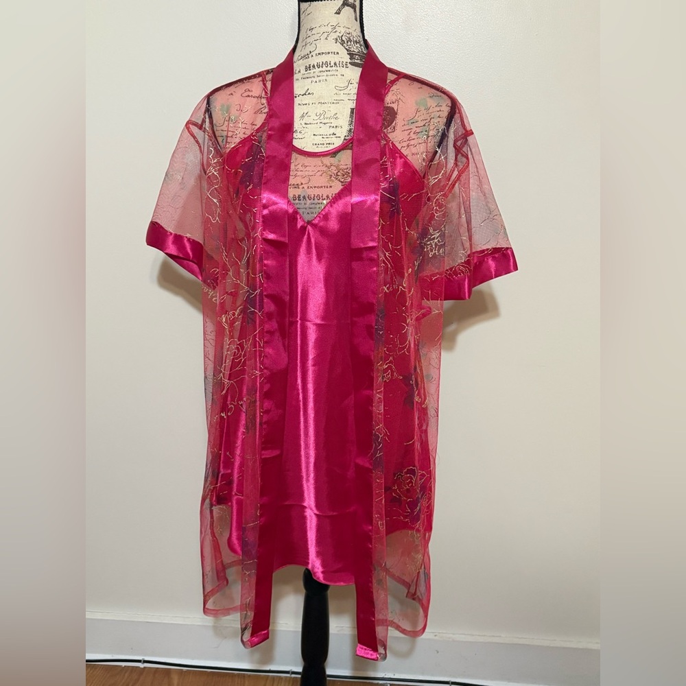 Marulong Pink Sheer Kimono Robe and Magenta Satin Slip Dress